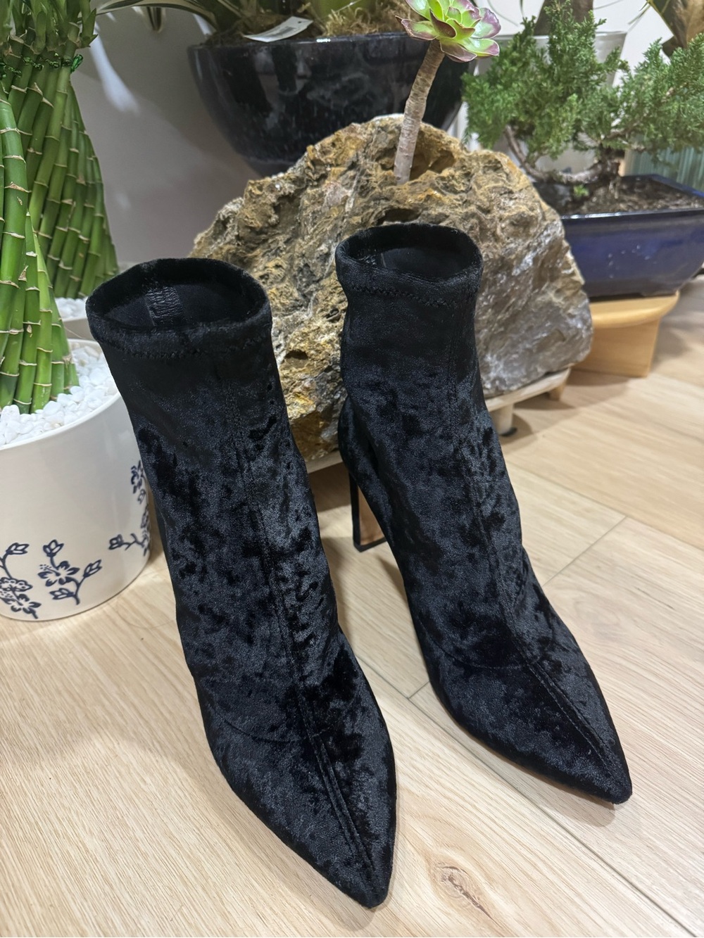 Jimmy Choo Black Velvet Pointed Toe Sock Stiletto Ankle Boots